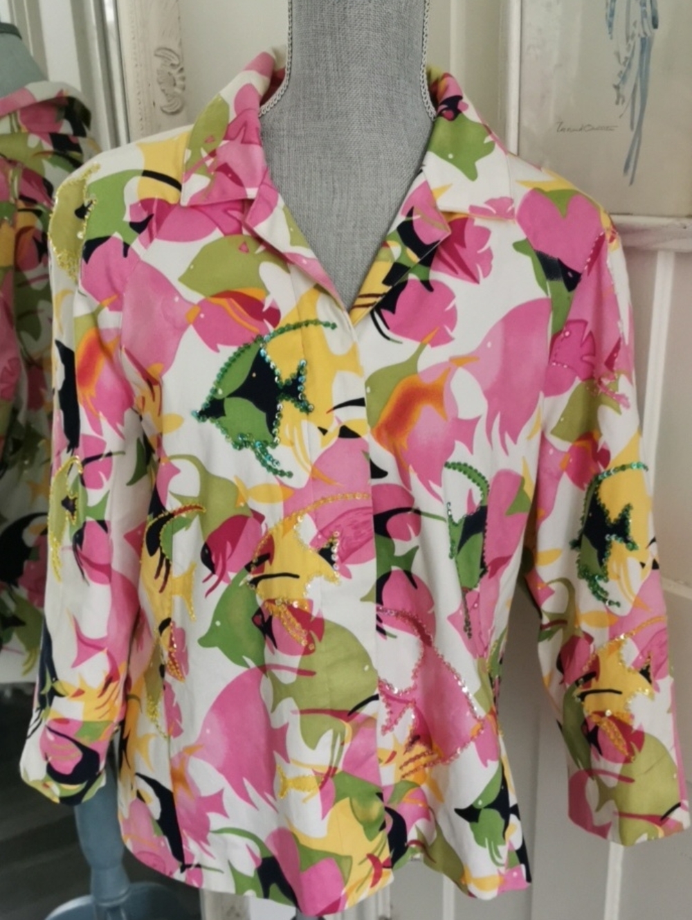 VTG Susan Bristol "Paradise" Tropical Fish Whimsical Blazer. Size XL